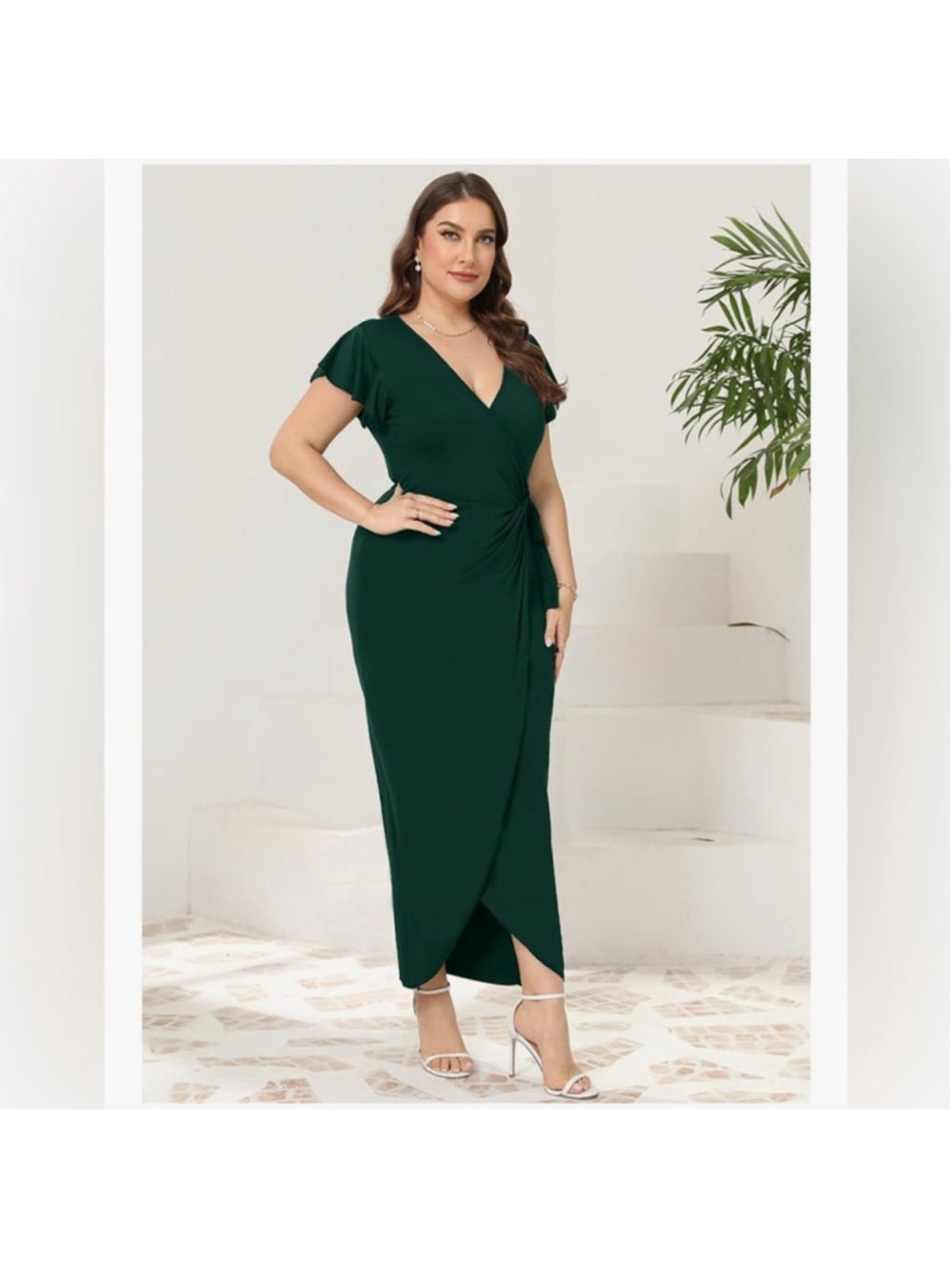 NEW Green Deep Cross V Neck Ruffle Sleeve Plus Size Career Maxi Wrap Dress 4X